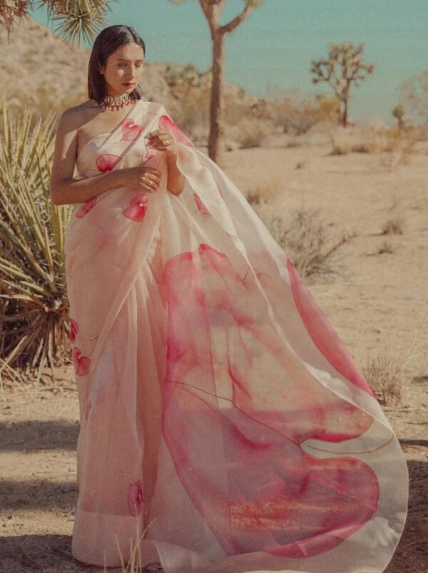 Flamingo flowers on Dull Rose Organza Saree